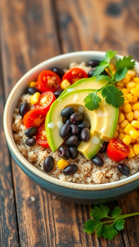 A colorful quinoa bowl with black beans, avocado, cherry tomatoes, and corn, garnished with cilantro on a wooden table.